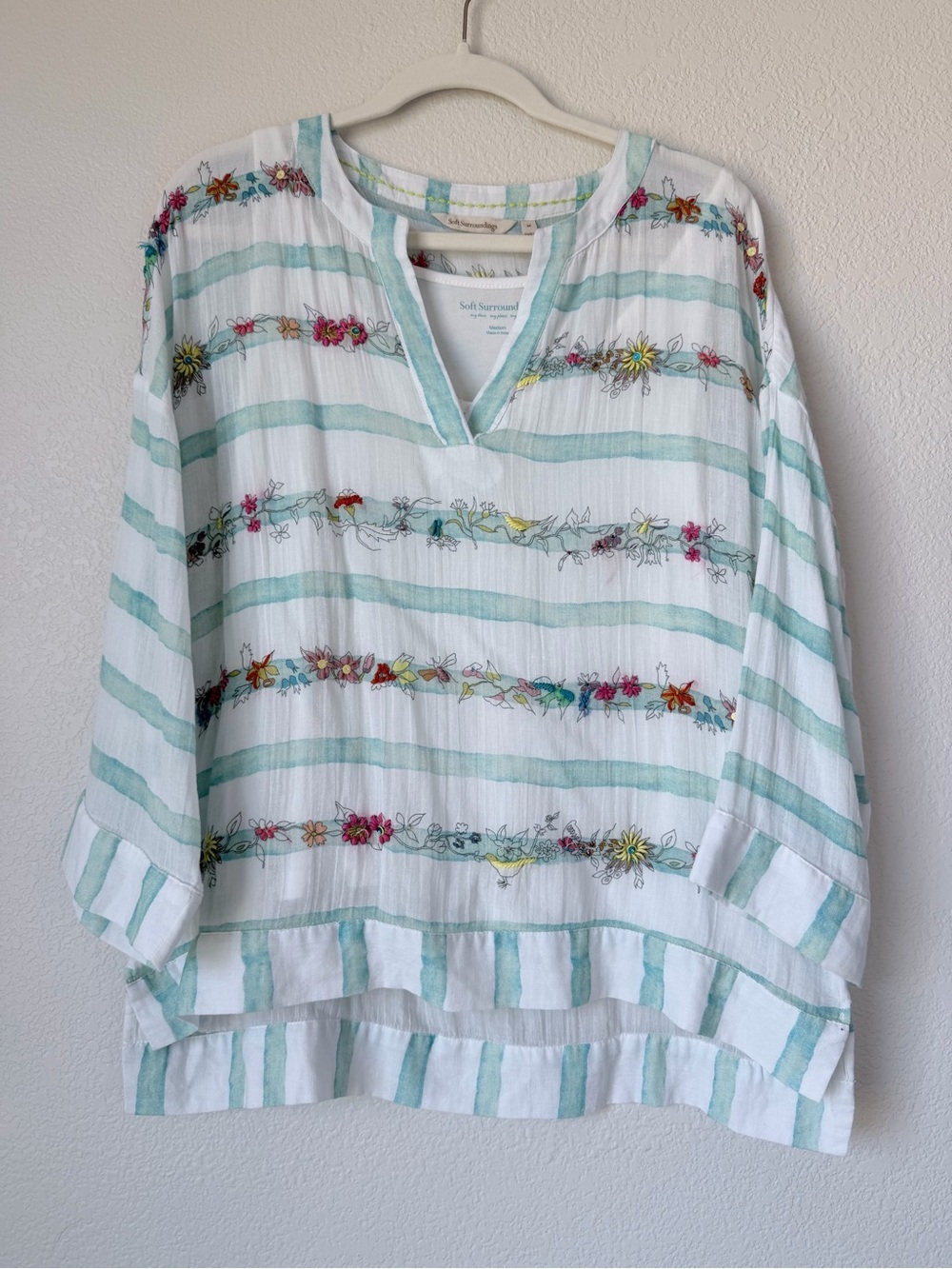 Soft Surroundings Embroidered Floral Striped Cotton Tunic Top Medium Boho